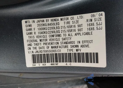2005 Honda Cr-V Se z USA, uszkodzony, nr VIN JHLRD78955C005131
